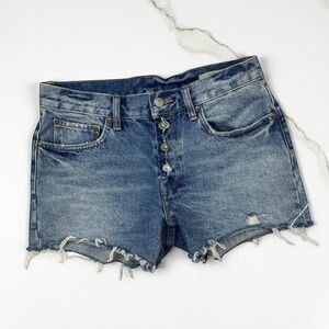 AllSaints Button Boy Denim Jean Booty Shorts Size 26 Exposed Fly Raw Hem WE724L
